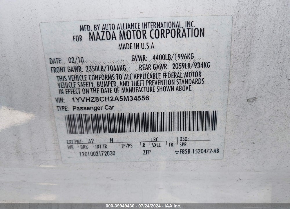 2010 MAZDA 6 I TOURING PLUS VIN: 1YVHZ8CH2A5M34556