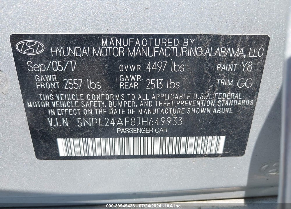 2018 HYUNDAI SONATA SE VIN: 5NPE24AF8JH649933