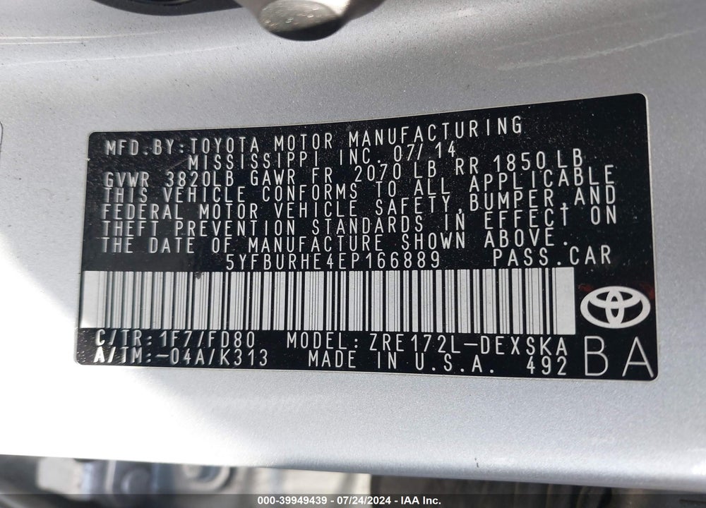 2014 TOYOTA COROLLA S PLUS VIN: 5YFBURHE4EP166889