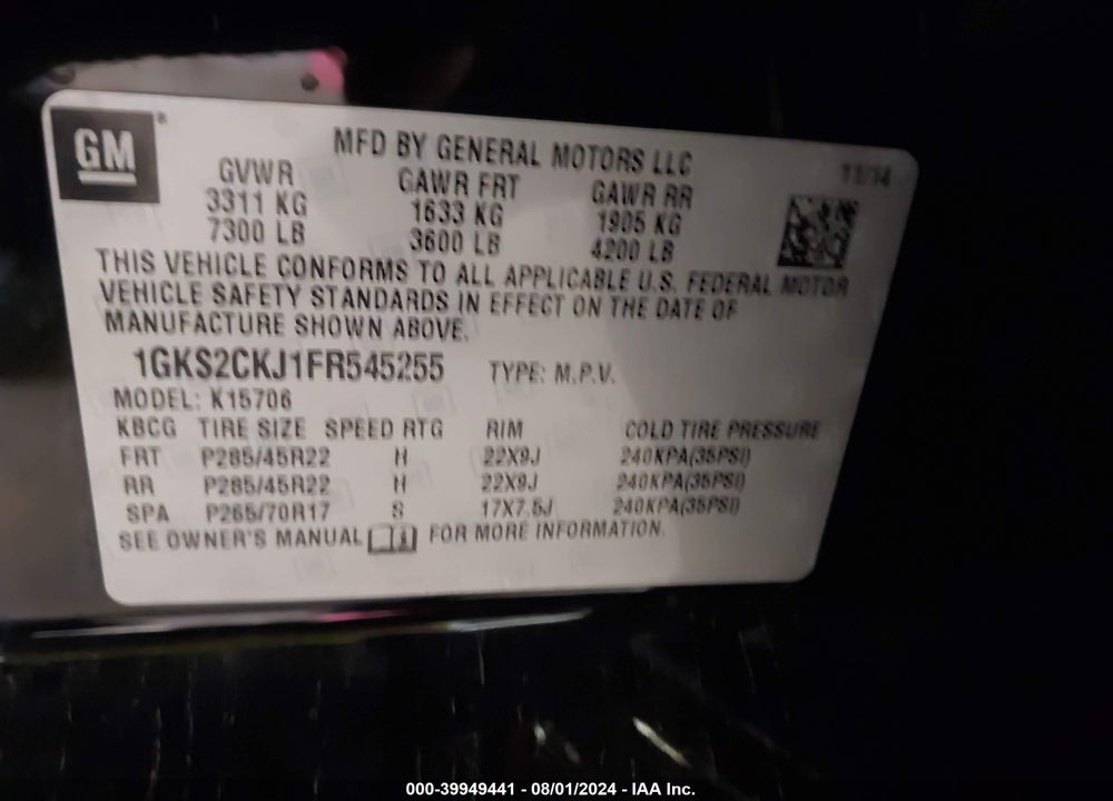 2015 GMC YUKON DENALI VIN: 1GKS2CKJ1FR545255