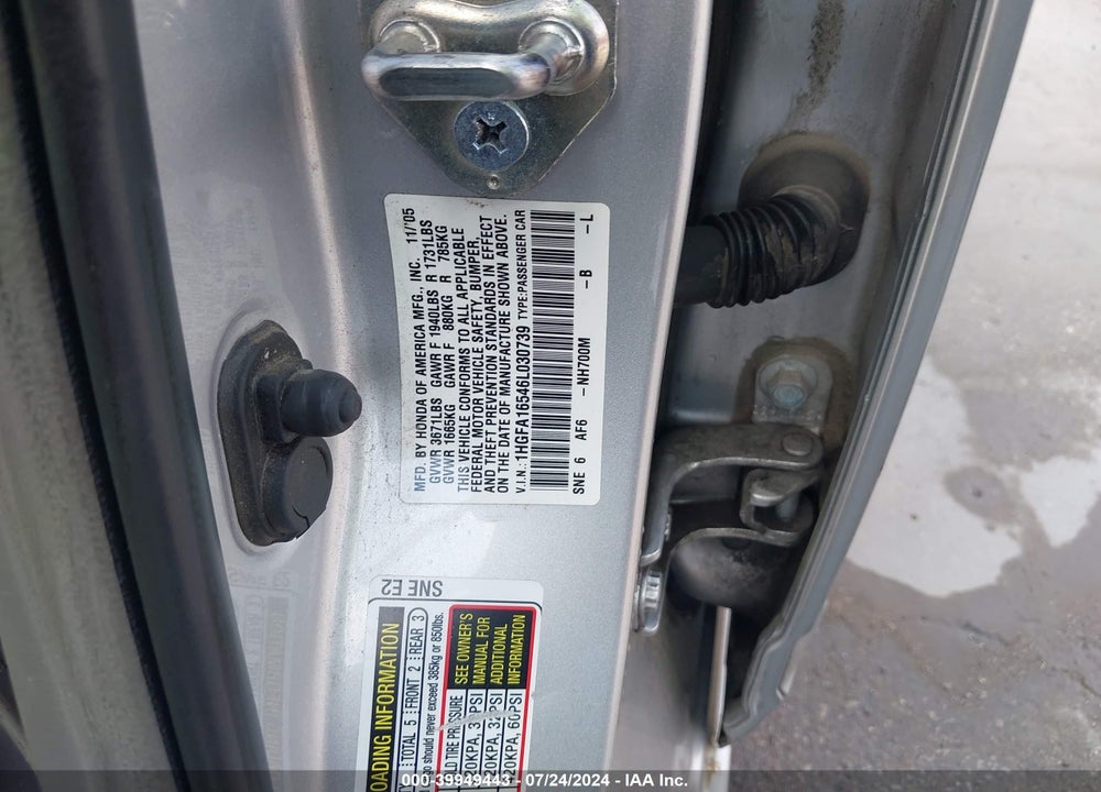 2006 HONDA CIVIC VIN: 1HGFA16546L030739