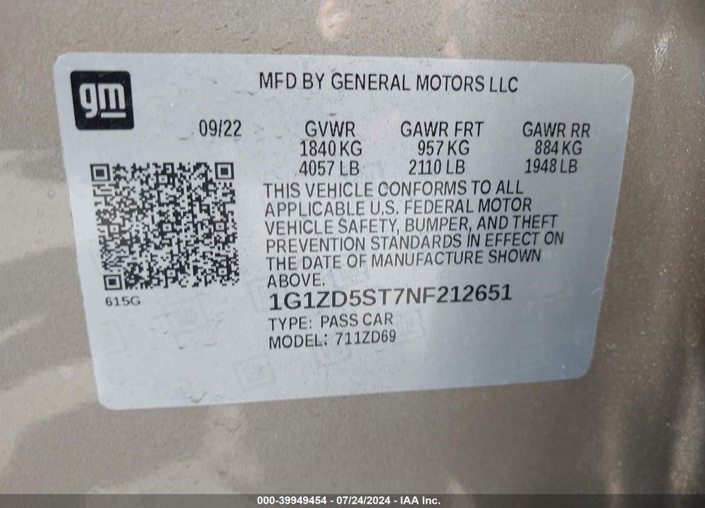 2022 CHEVROLET MALIBU FWD LT VIN: 1G1ZD5ST7NF212651