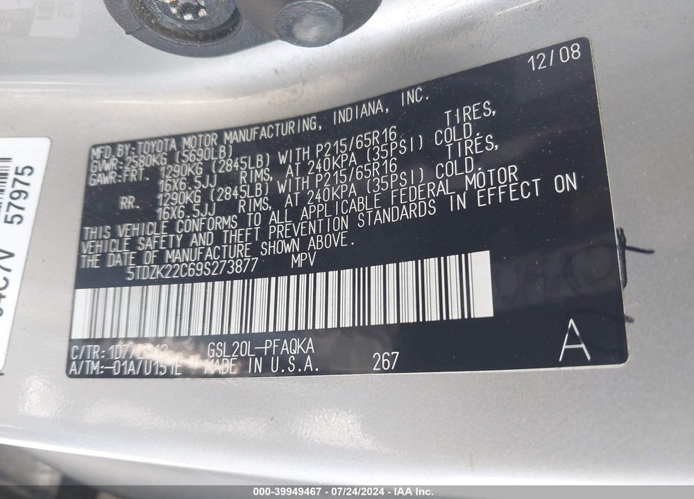 2009 TOYOTA SIENNA XLE VIN: 5TDZK22C69S273877