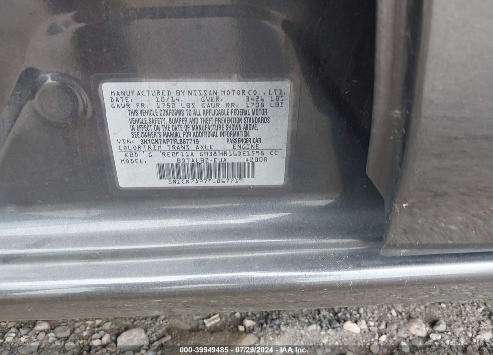 2015 NISSAN VERSA 1.6 SV VIN: 3N1CN7AP7FL867719