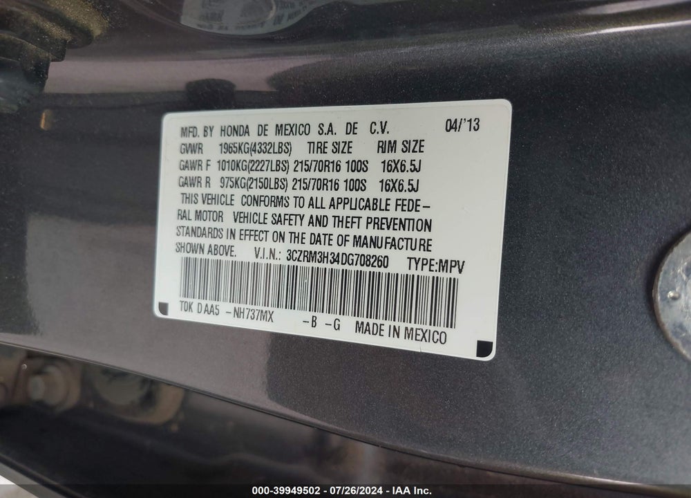 2013 HONDA CR-V LX VIN: 3CZRM3H34DG708260