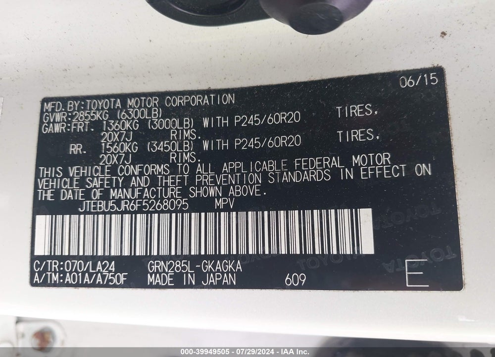 2015 TOYOTA 4RUNNER LIMITED VIN: JTEBU5JR6F5268095