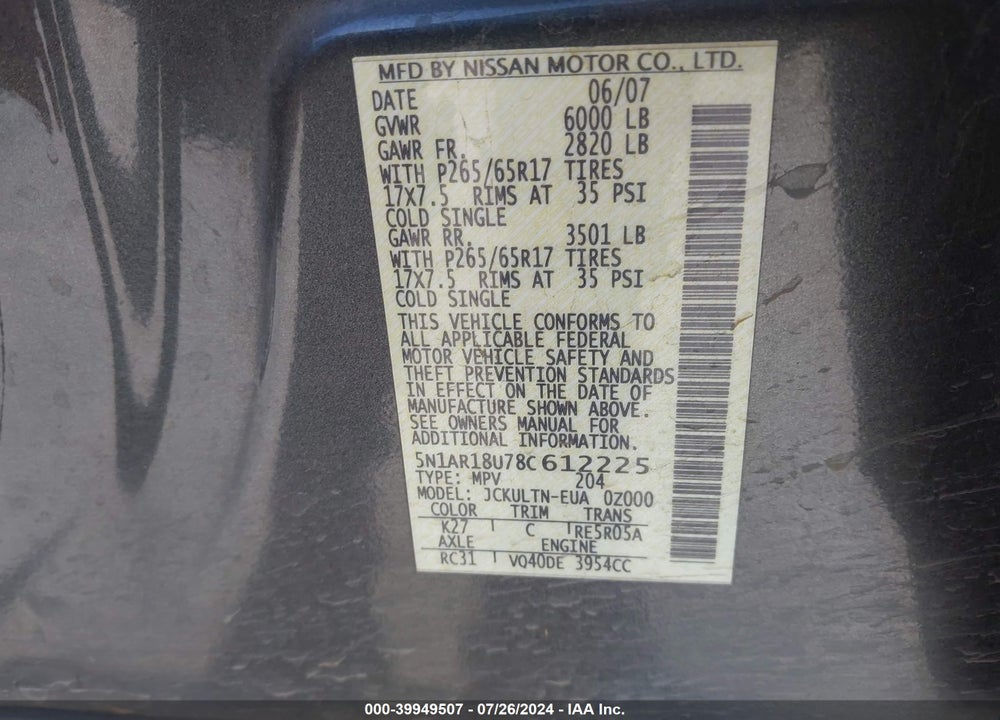 2008 NISSAN PATHFINDER SE VIN: 5N1AR18U78C612225