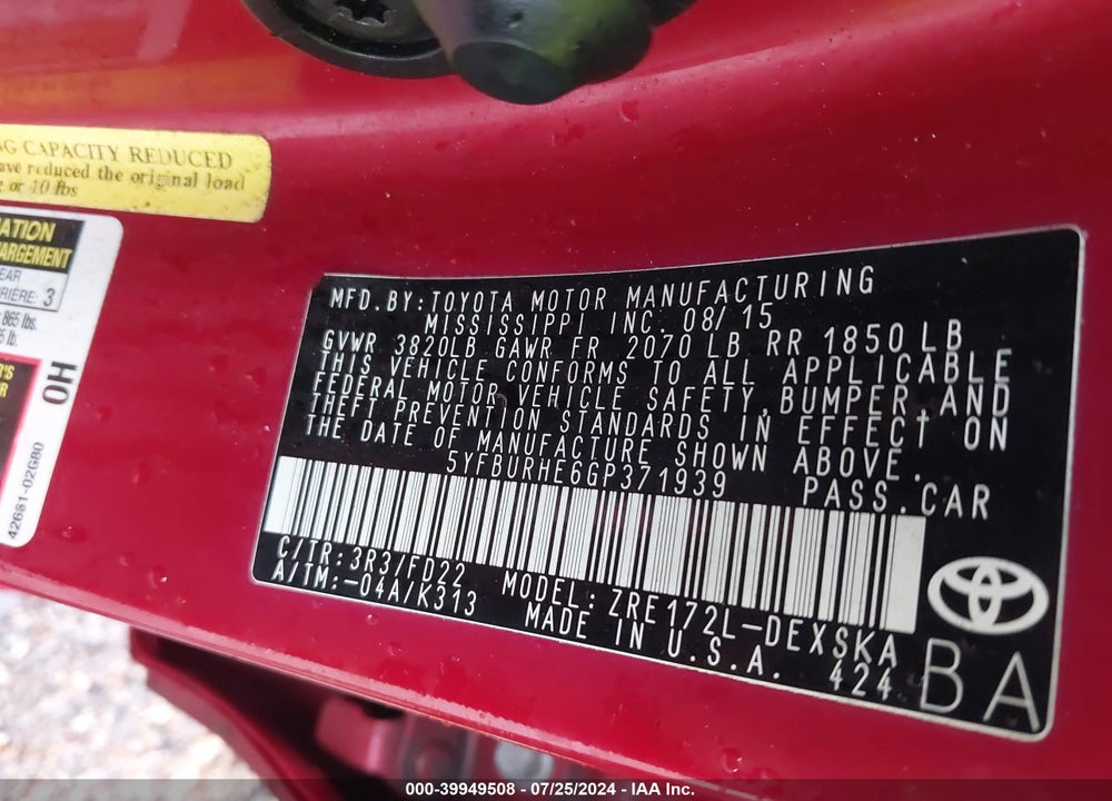 2016 TOYOTA COROLLA S PLUS VIN: 5YFBURHE6GP371939