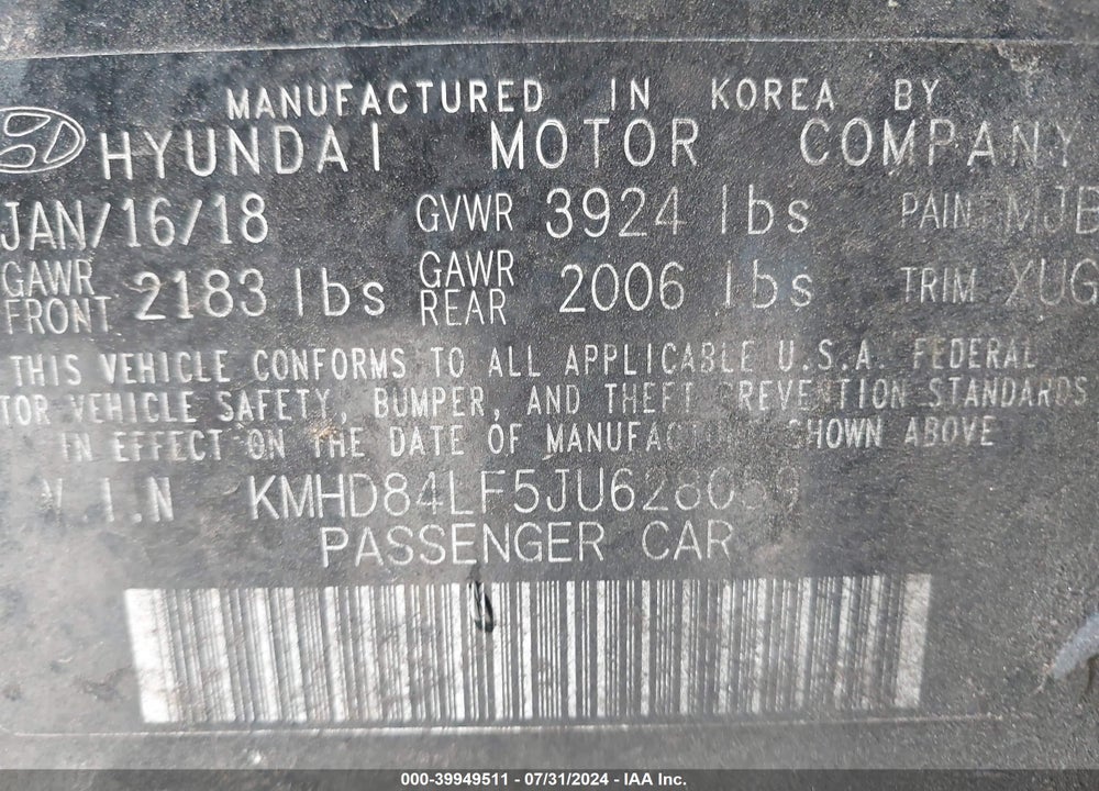 2018 HYUNDAI ELANTRA SEL VIN: KMHD84LF5JU628059