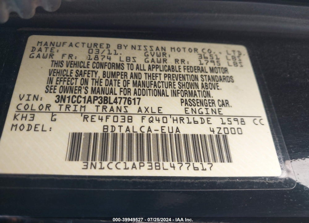 2011 NISSAN VERSA 1.6 VIN: 3N1CC1AP3BL477617