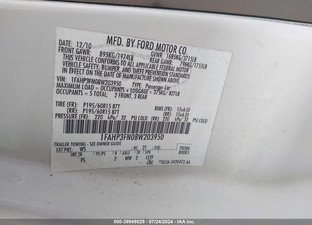 2011 FORD FOCUS SE VIN: 1FAHP3FN0BW203950