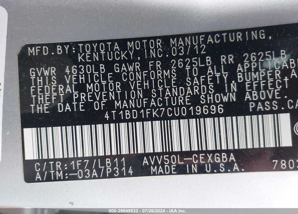 2012 TOYOTA CAMRY HYBRID XLE VIN: 4T1BD1FK7CU019696