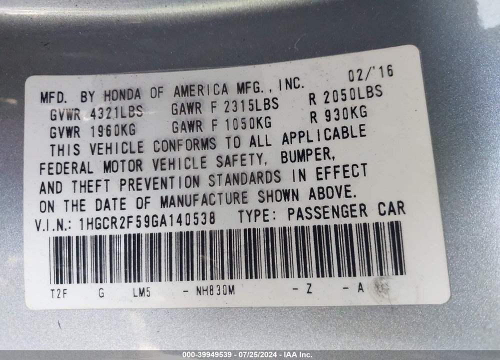 2016 HONDA ACCORD SPORT VIN: 1HGCR2F59GA140538