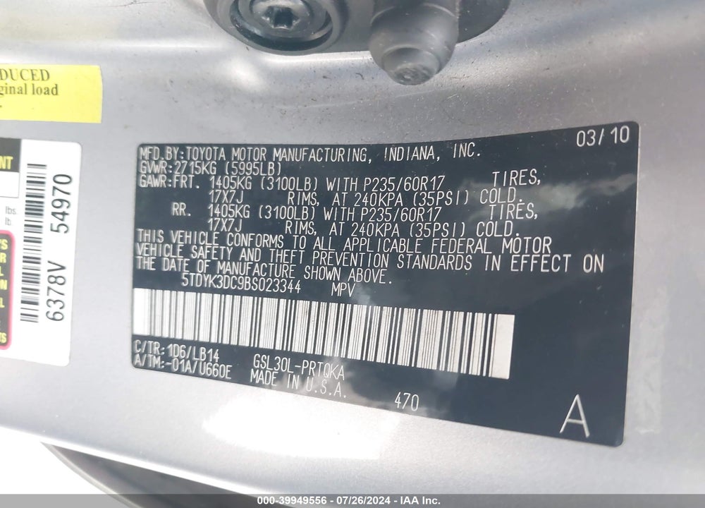 2011 TOYOTA SIENNA LIMITED V6/XLE V6/XLE V6 AUTO ACCESS SEAT VIN: 5TDYK3DC9BS023344