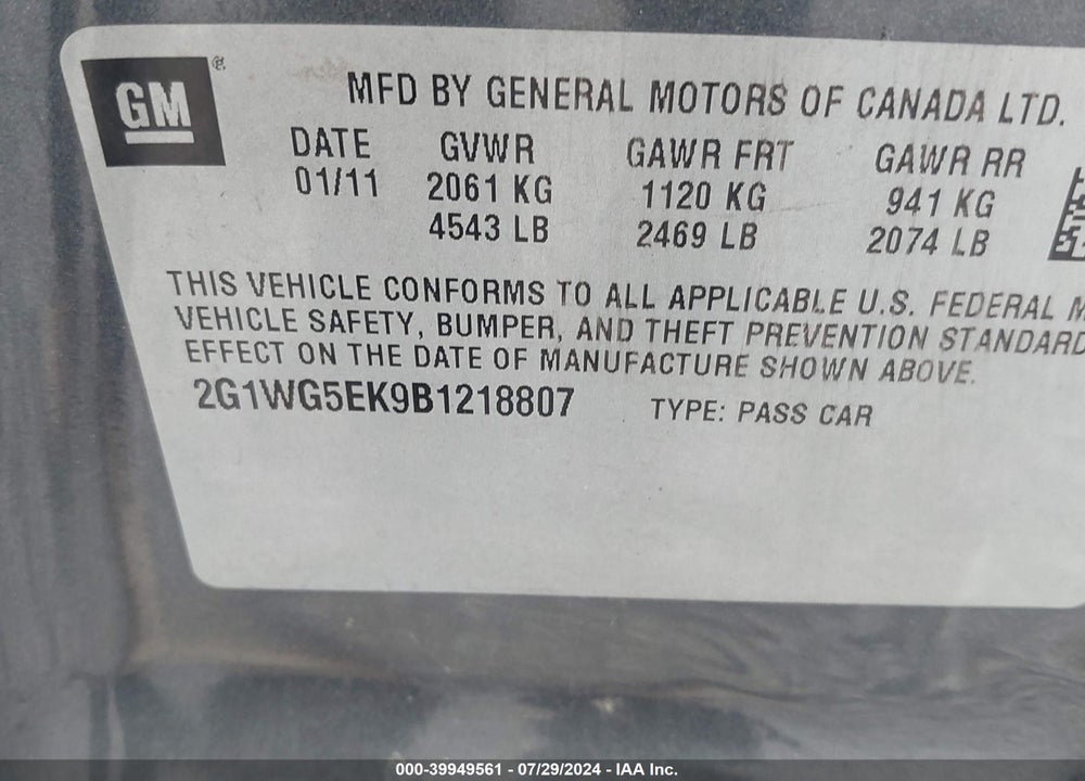 2011 CHEVROLET IMPALA LT VIN: 2G1WG5EK9B1218807