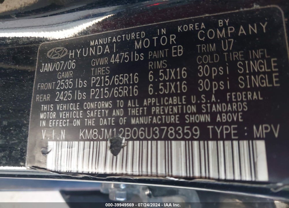 2006 HYUNDAI TUCSON GL VIN: KM8JM12B06U378359
