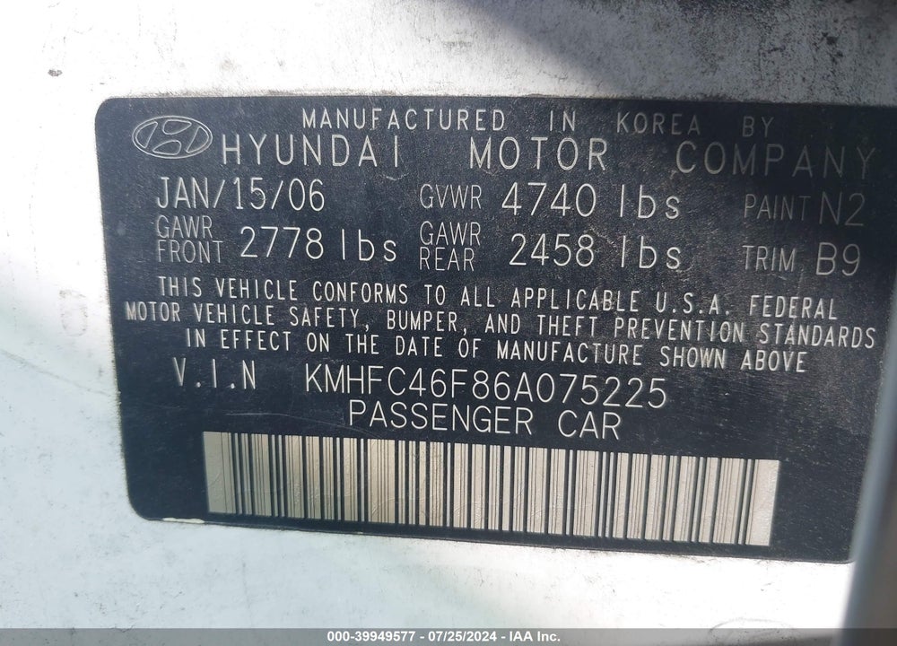 2006 HYUNDAI AZERA LIMITED/SE VIN: KMHFC46F86A075225