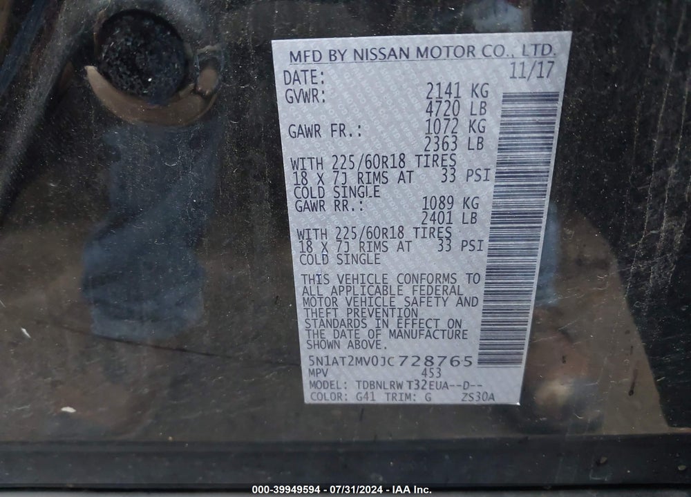 2018 NISSAN ROGUE VIN: 5N1AT2MV0JC728765