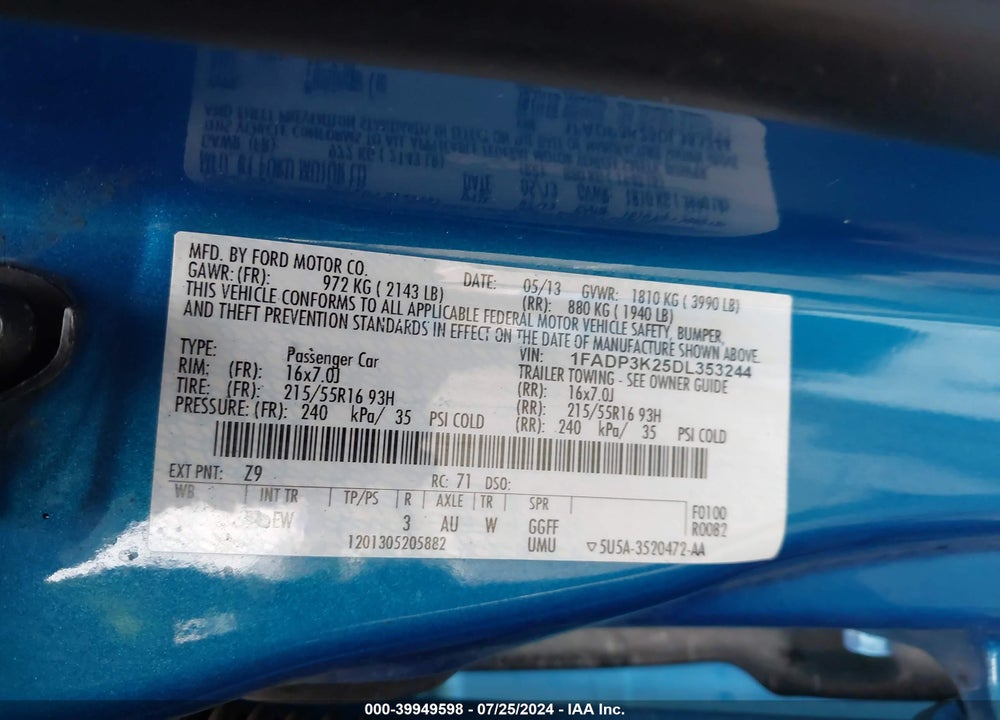 2013 FORD FOCUS SE VIN: 1FADP3K25DL353244