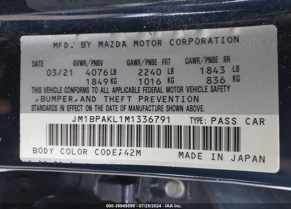 2021 MAZDA 3 SELECT VIN: JM1BPAKL1M1336791
