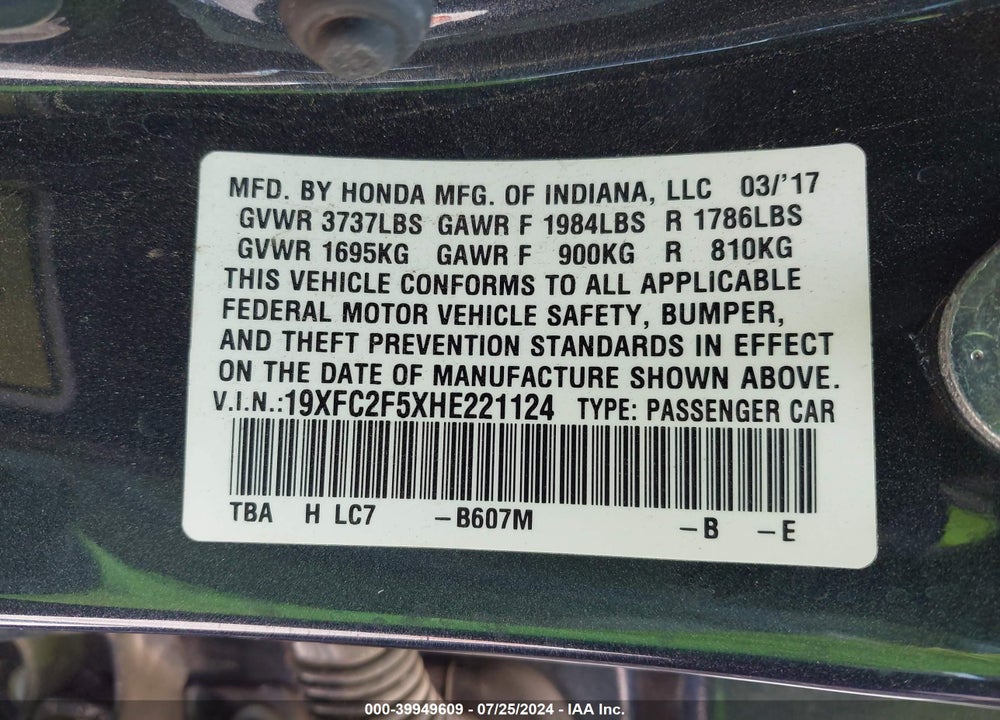 2017 HONDA CIVIC LX VIN: 19XFC2F5XHE221124
