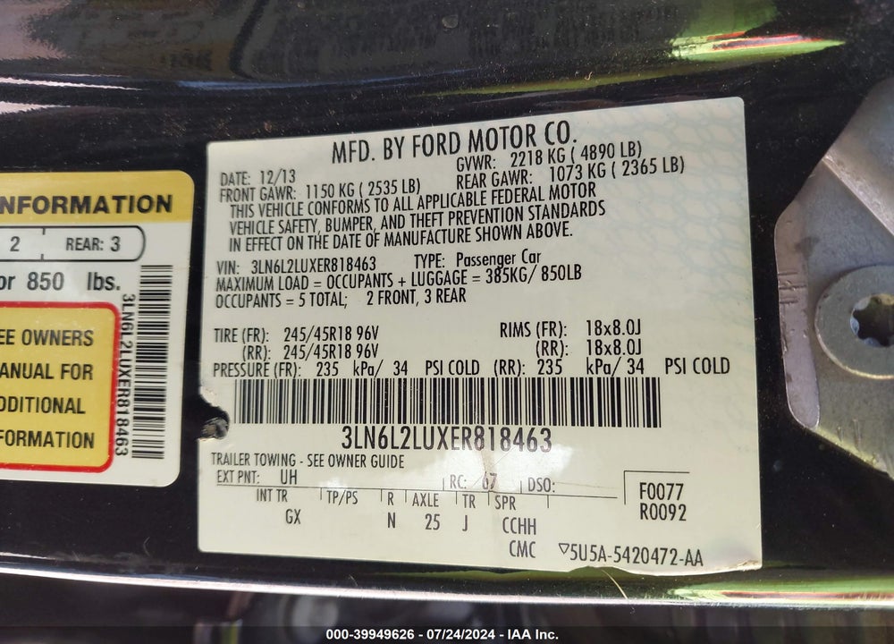 2014 LINCOLN MKZ HYBRID VIN: 3LN6L2LUXER818463
