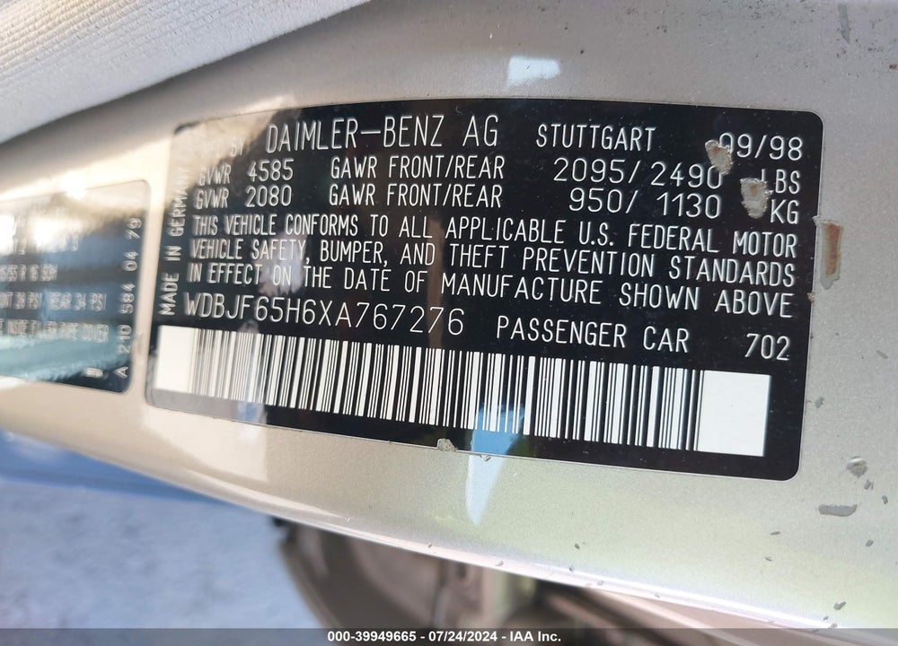 1999 MERCEDES-BENZ E 320 VIN: WDBJF65H6XA767276