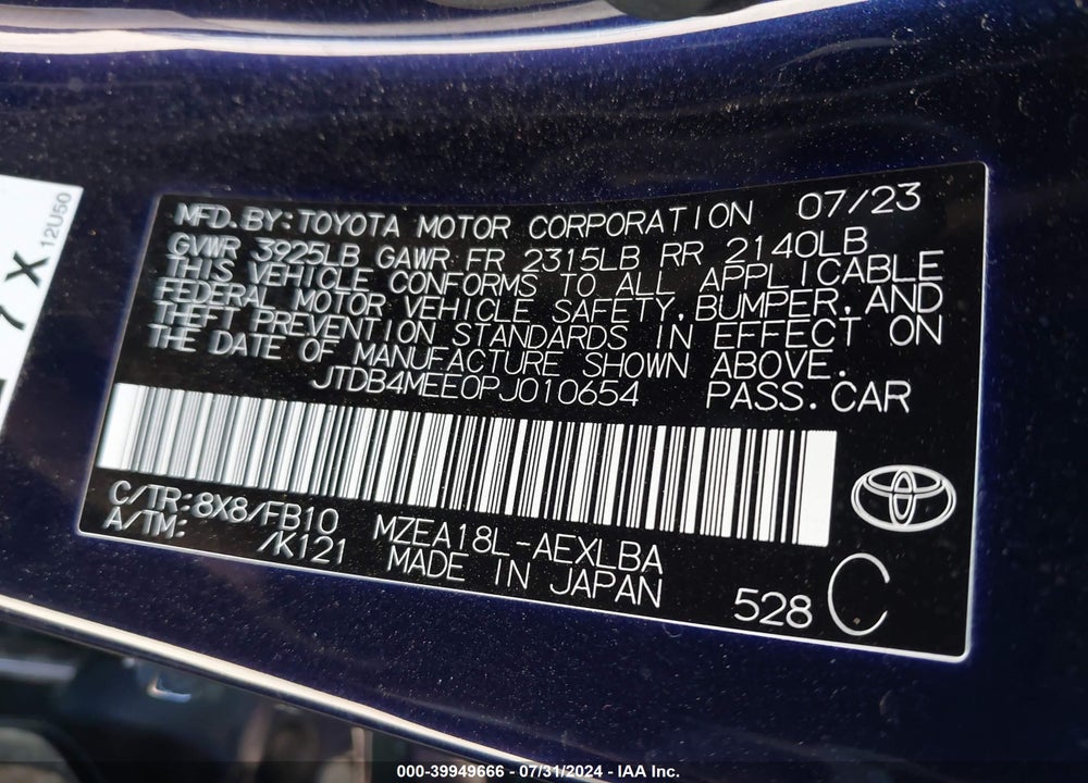 2023 TOYOTA COROLLA LE VIN: JTDB4MEE0PJ010654