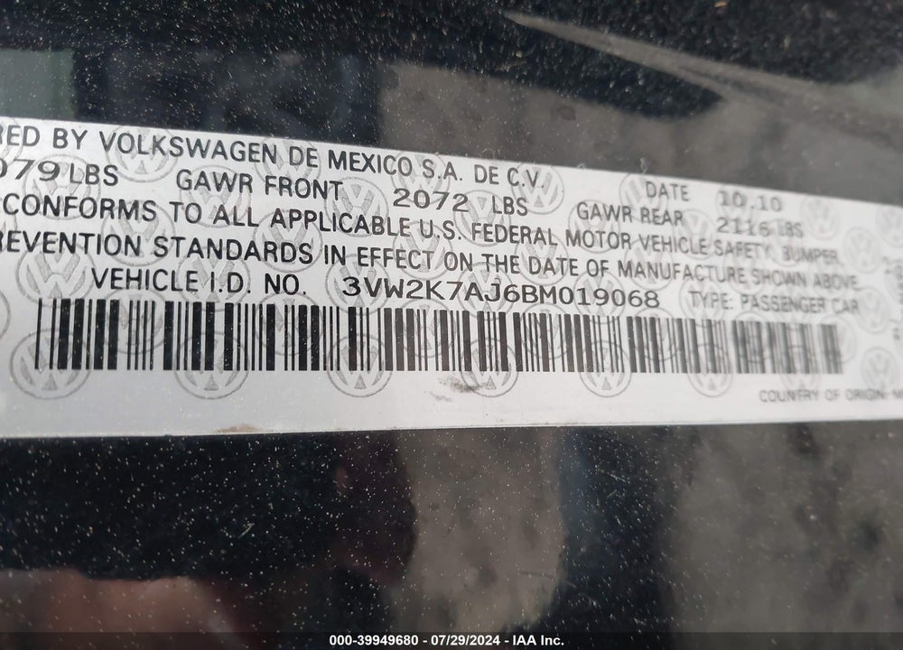2011 VOLKSWAGEN JETTA 2.0L S VIN: 3VW2K7AJ6BM019068