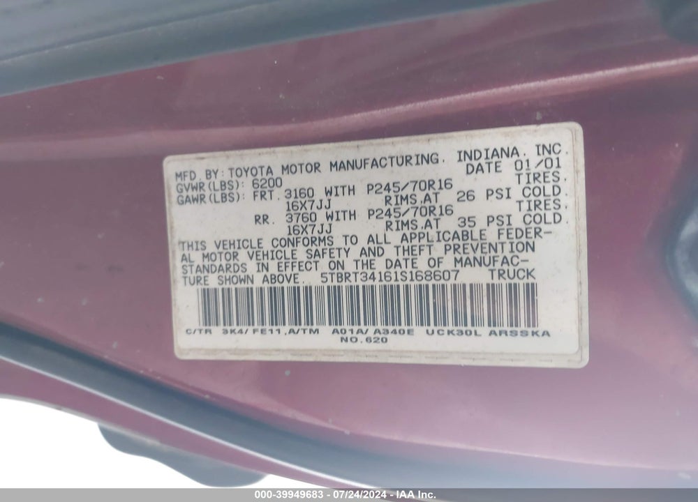 2001 TOYOTA TUNDRA SR5 V8 VIN: 5TBRT34161S168607