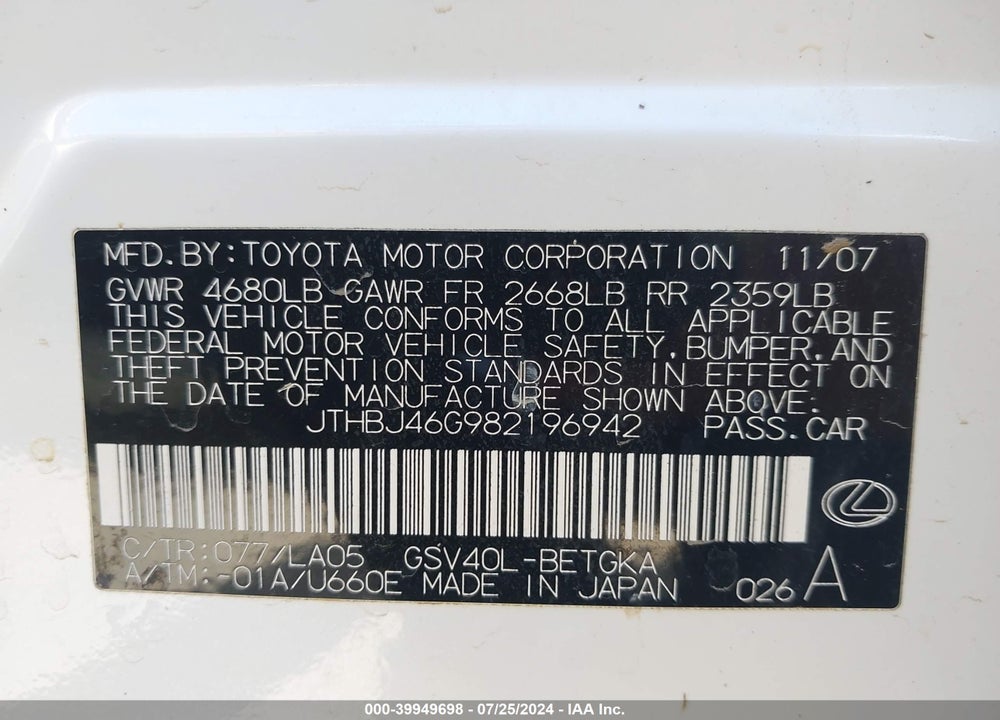2008 LEXUS ES 350 VIN: JTHBJ46G982196942