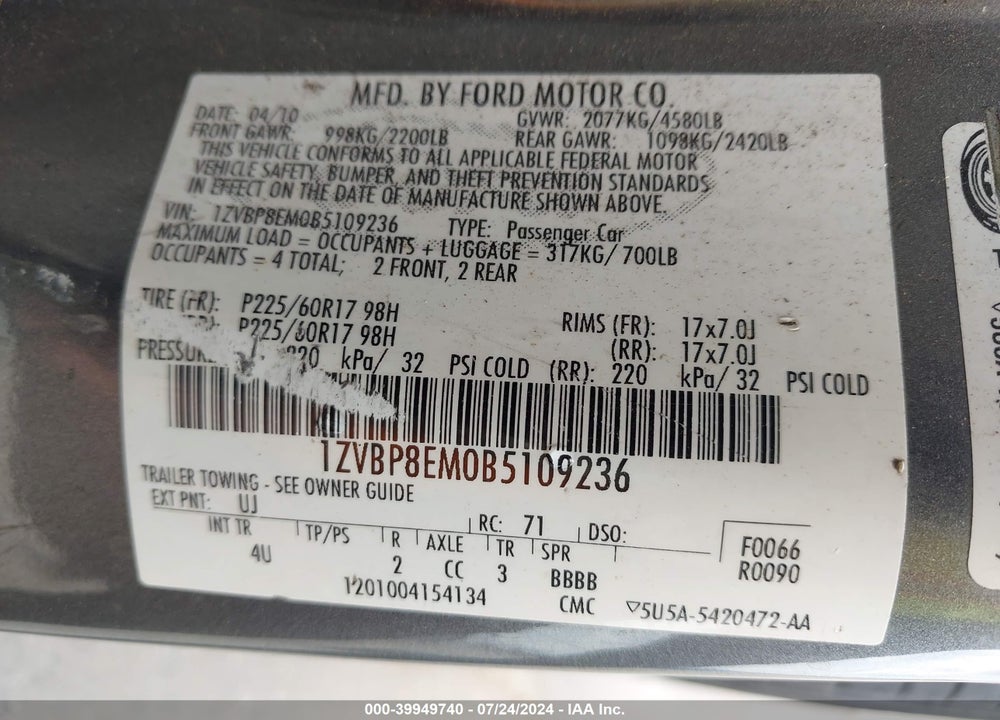 2011 FORD MUSTANG V6 PREMIUM VIN: 1ZVBP8EM0B5109236