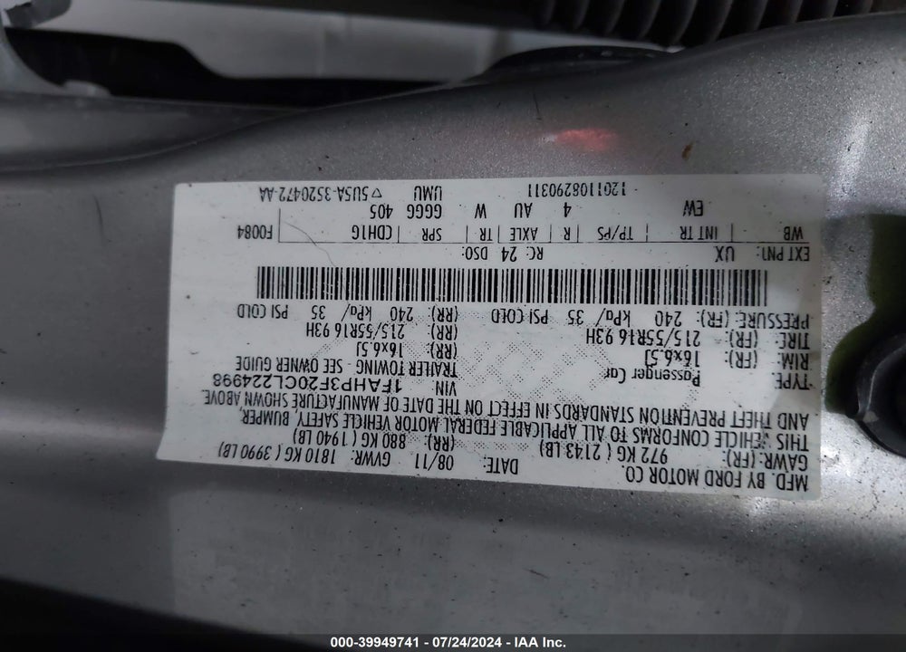 2012 FORD FOCUS SE VIN: 1FAHP3F20CL224998