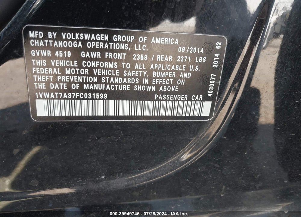 2015 VOLKSWAGEN PASSAT 1.8T WOLFSBURG EDITION VIN: 1VWAT7A37FC031599