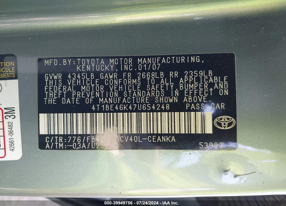 2007 TOYOTA CAMRY LE VIN: 4T1BE46K47U654248