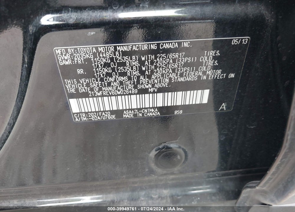 2013 TOYOTA RAV4 XLE VIN: 2T3WFREV6DW026489