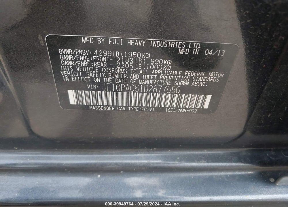 2013 SUBARU IMPREZA 2.0I PREMIUM VIN: JF1GPAC61D2877550
