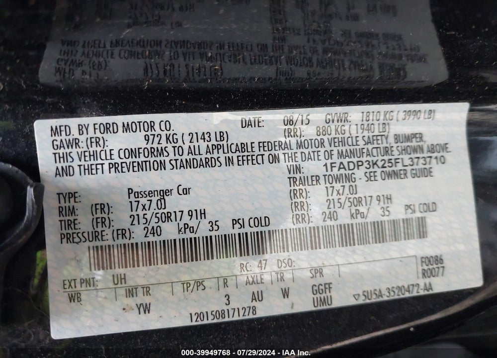 2015 FORD FOCUS SE VIN: 1FADP3K25FL373710