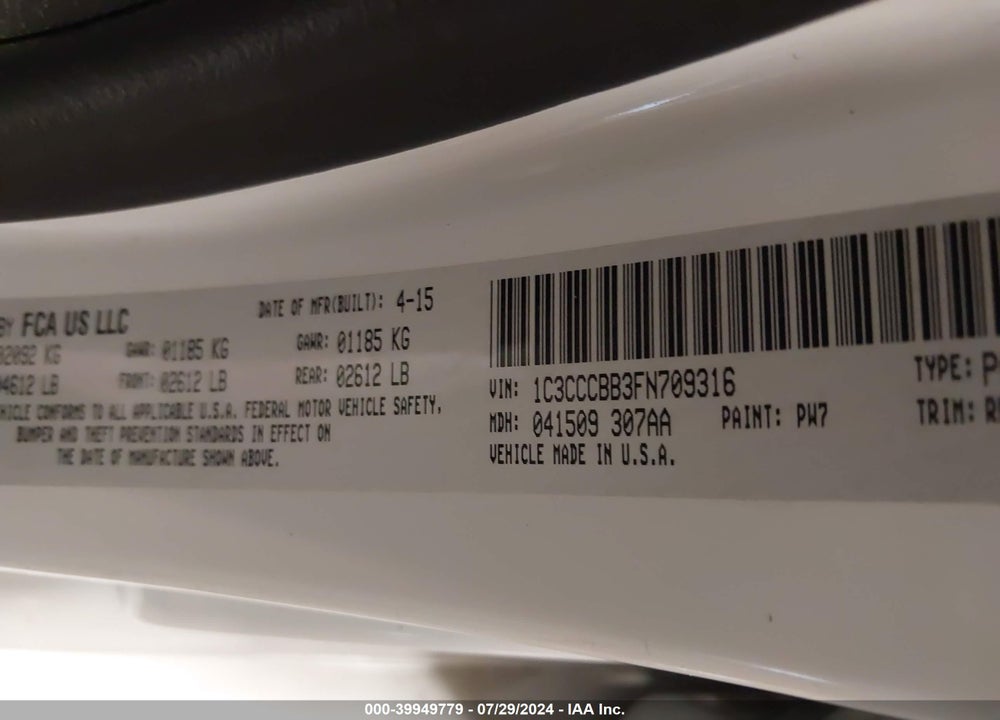 2015 CHRYSLER 200 S VIN: 1C3CCCBB3FN709316