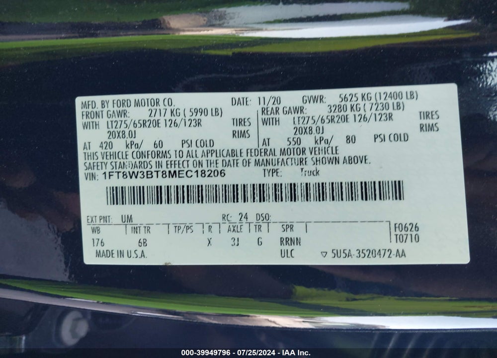 2021 FORD F-350 LARIAT VIN: 1FT8W3BT8MEC18206
