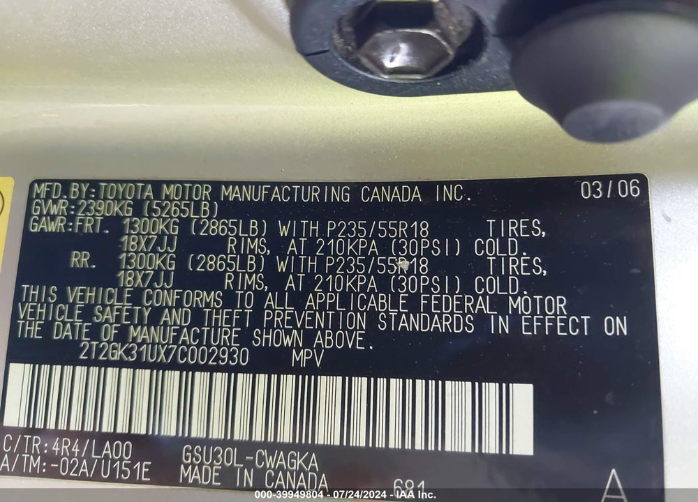 2007 LEXUS RX 350 VIN: 2T2GK31UX7C002930