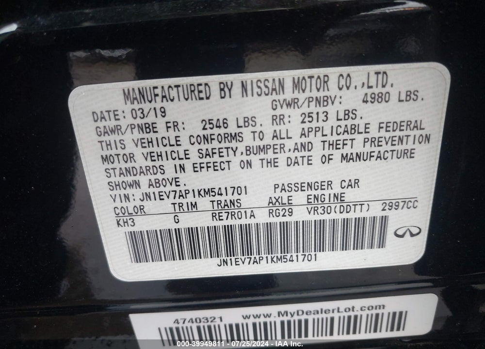2019 INFINITI Q50 3.0T SIGNATURE EDITION VIN: JN1EV7AP1KM541701