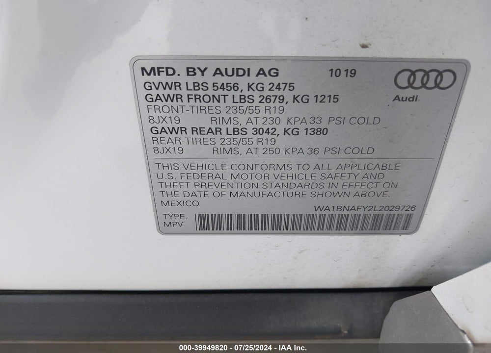 2020 AUDI Q5 PREMIUM PLUS 45 TFSI QUATTRO S TRONIC VIN: WA1BNAFY2L2029726