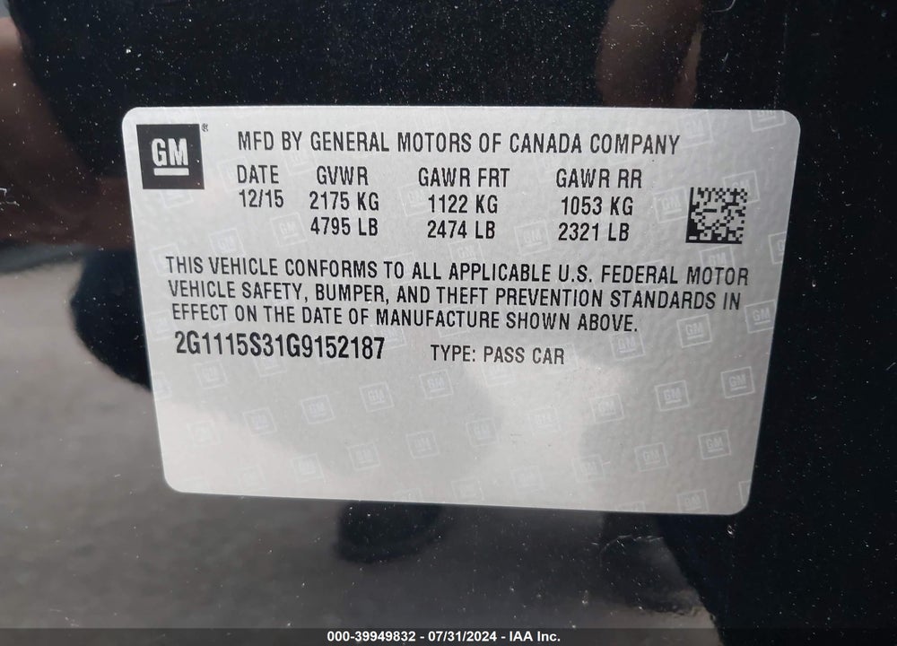 2016 CHEVROLET IMPALA 2LT VIN: 2G1115S31G9152187