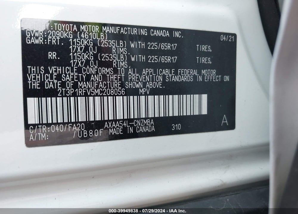 2021 TOYOTA RAV4 XLE VIN: 2T3P1RFV5MC208056