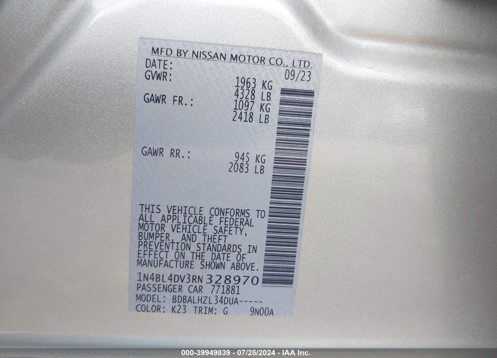 2024 NISSAN ALTIMA SV FWD VIN: 1N4BL4DV3RN328970