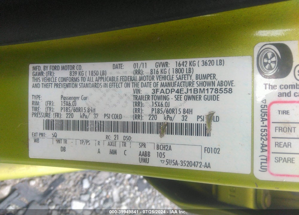 2011 FORD FIESTA SE VIN: 3FADP4EJ1BM178558