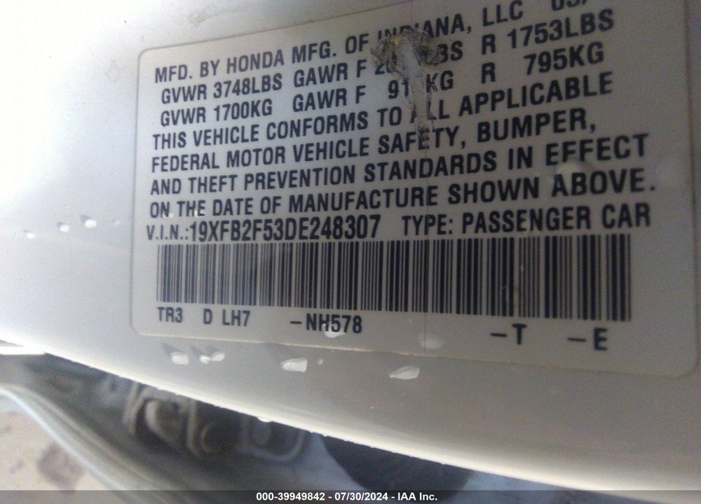 2013 HONDA CIVIC LX VIN: 19XFB2F53DE248307