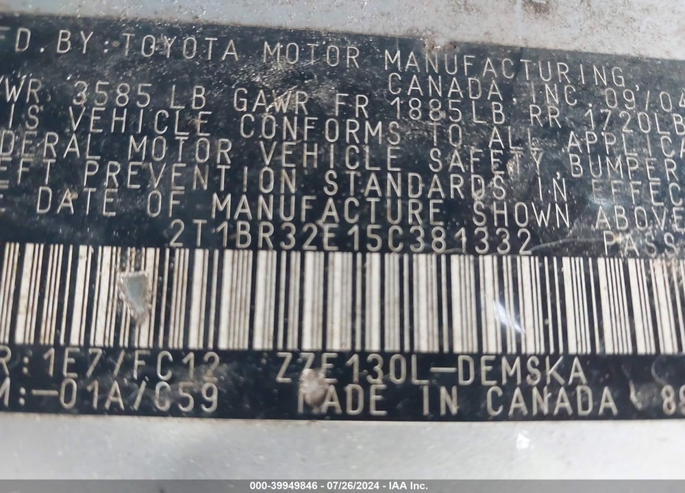 2005 TOYOTA COROLLA S VIN: 2T1BR32E15C381332