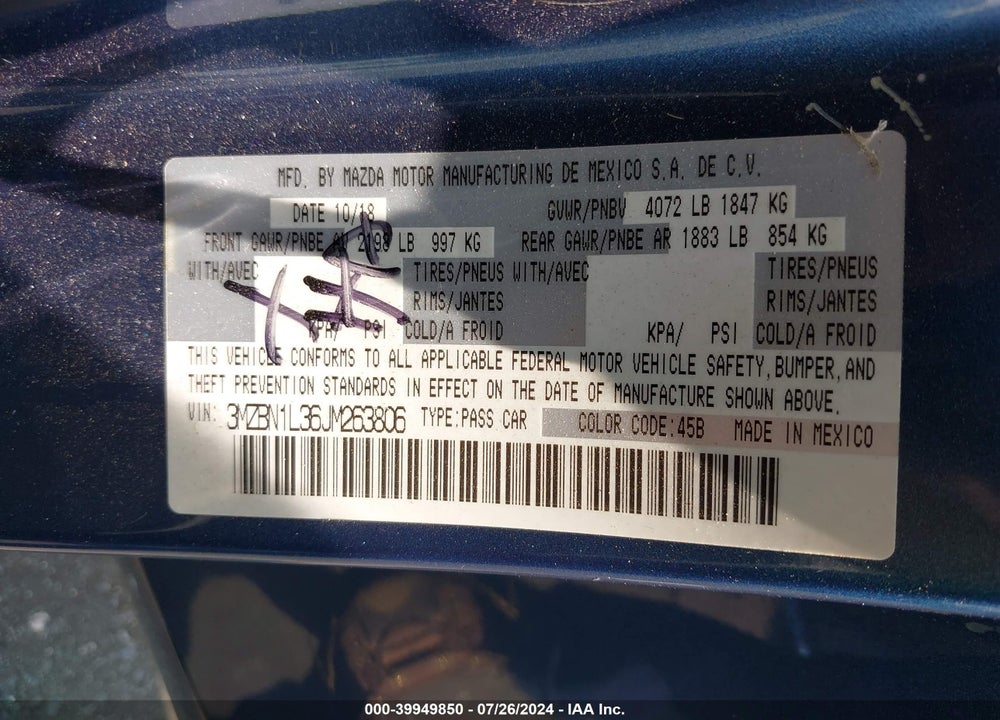 2018 MAZDA 3 TOURING VIN: 3MZBN1L36JM263806